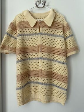 Manfinity Mens Cream Striped Open Knit Shirt Short Sleeve Crochet Style Summer L